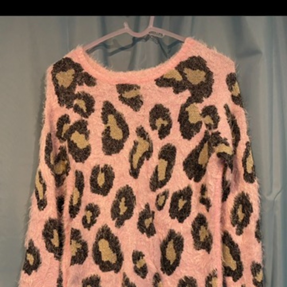 Justice Pink and Black Crew Neck Sweater with Bold Leopard Print